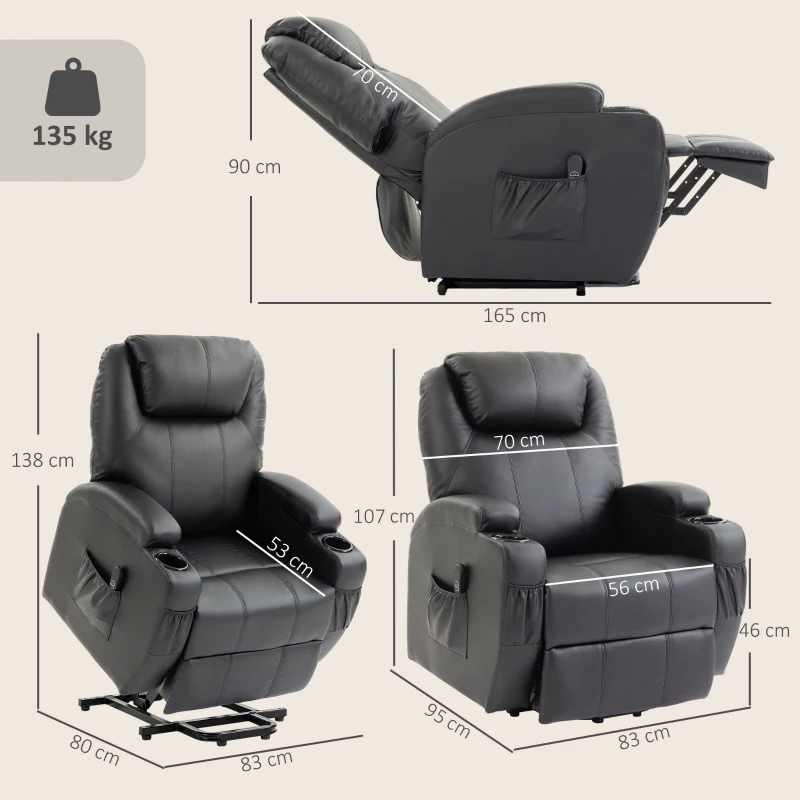 HOMCOM Elektrische sta-op-stoel van kunstleer, relaxfauteuil met afstandsbediening, USB-oplader, bekerhouder en zijvakken, zwart
