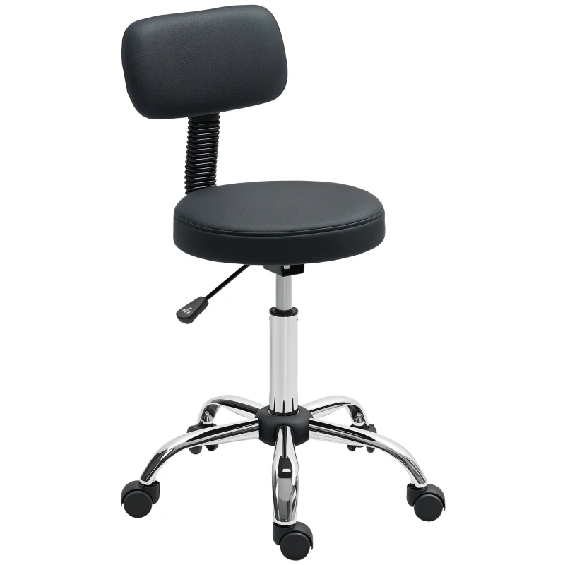 HOMCOM Rollhocker Höhenverstellbarer Drehhocker mit Lehne, Drehbarer Arbeitshocker Kunstleder Schwarz 46 x 51 x 78-93 cm