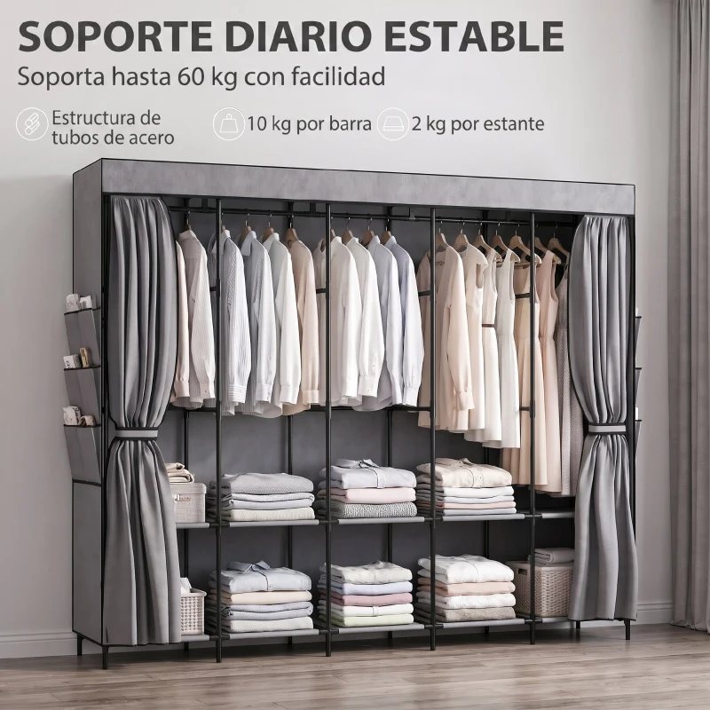 HOMCOM Armario de Tela con 5 Barras 5 Estantes 6 Bolsillos Laterales Cremallera Marco de Acero 212x45x167 cm Gris