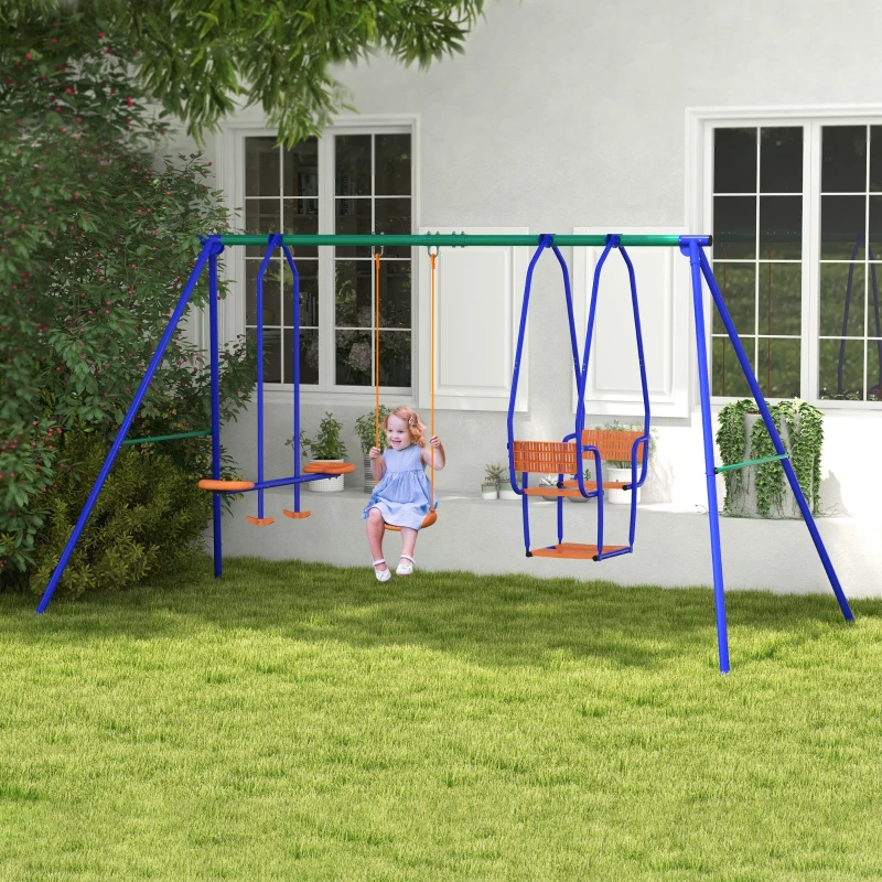 Outsunny Three-In-One Kids Metal Swing Set with Swing, Glider, Rocking Chair Swing, for Ages 3+ years - Orange and Blue