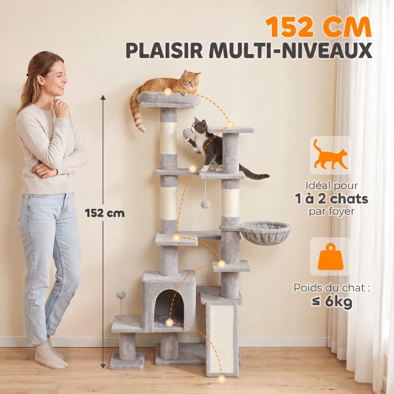 PawHut Arbre à Chat 5 niveaux 152cm, Niche, Hamac, Plateforme, Poteaux à Griffer, Balles Suspendues, Gris Clair