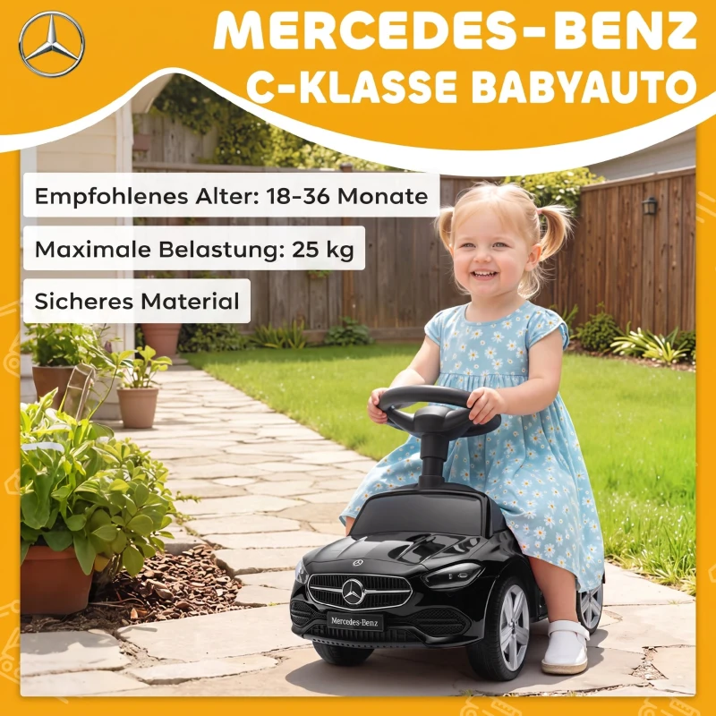 AIYAPLAY Mercedes-Benz C-Klasse loopauto met claxon, motorgeluiden en opbergruimte, voor kinderen van 18-36 maanden, zwart