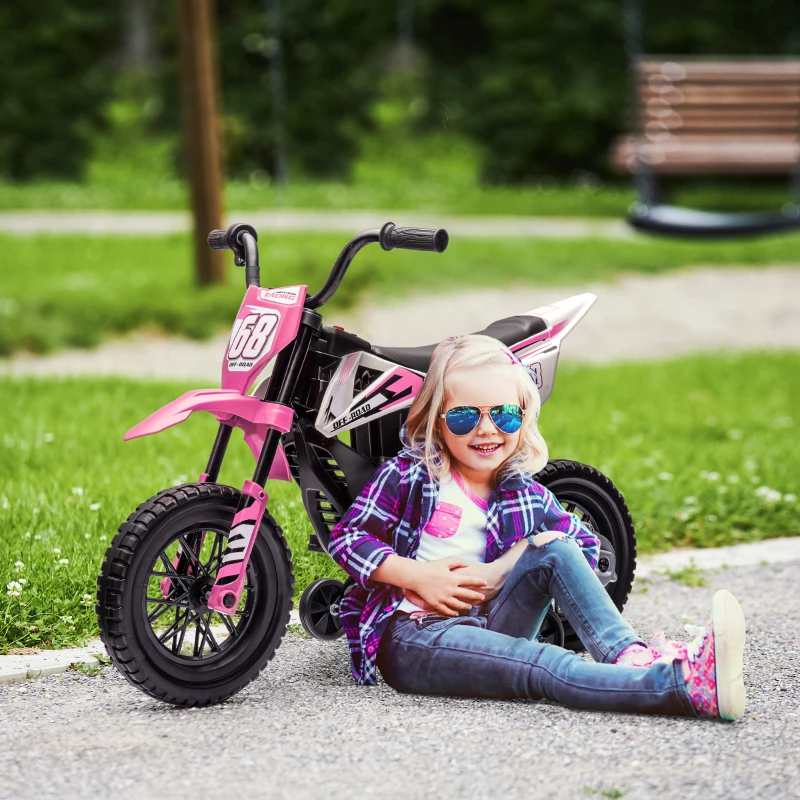 AIYAPLAY Moto électrique pour enfant moto cross pour enfants de 3 à 6 ans 2 moteurs 12V vitesse 5 km/h 109,5x60x72,5cm rose