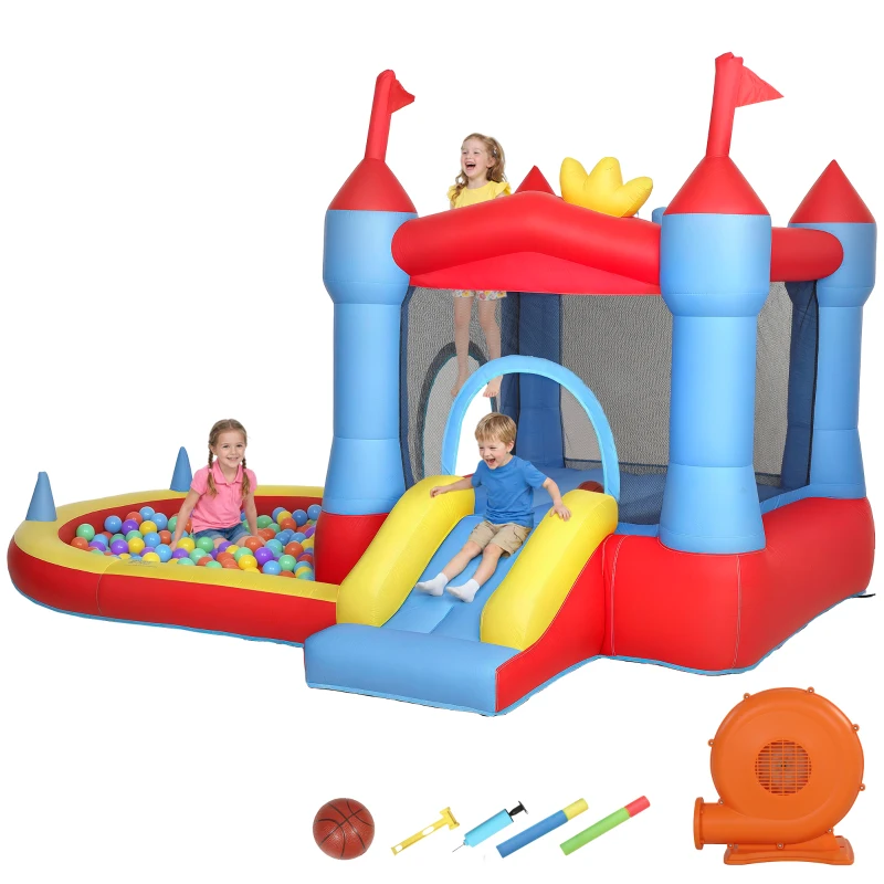 AIYAPLAY Aufblasbar Hüpfburg mit Gebläse Rutsche Trampolin Planschbecken/Bällebad Wasserpistole 342x255x209 cm Blau