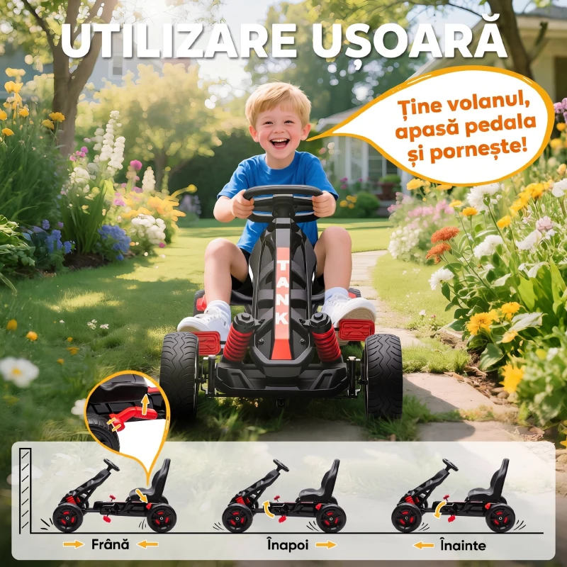 AIYAPLAY Kart cu pedale pentru copii 3-6 ani, max. 50 kg, cu suport pentru pahare și roți EVA antiderapante, roșu