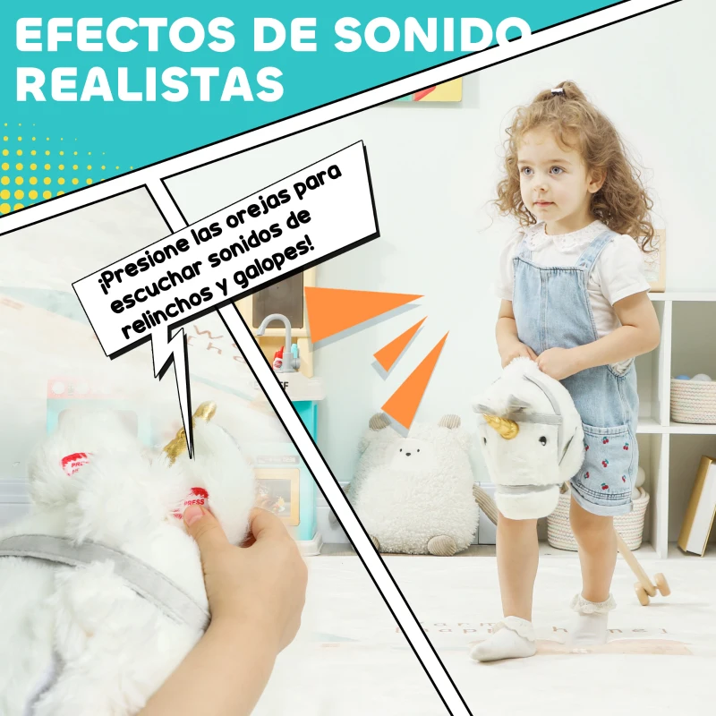 AIYAPLAY Cabeza de Caballo con Palo de Madera Diseño Unicornio Sonidos y Ruedas Caballo de Juguete 95 cm de Altura Blanco