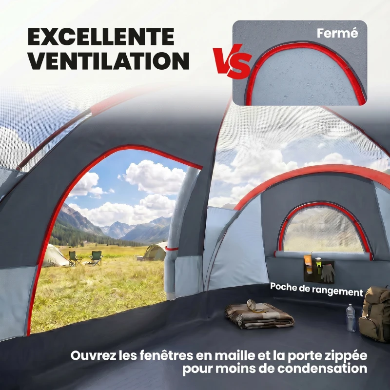 Outsunny Tente de camping familiale 5 pers. - tente tunelle ventilée facile à monter - grande porte + 2 fenêtres - 4,55L x 2,2l x 1,8H m fibre verre polyester oxford gris