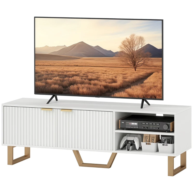 HOMCOM Meuble TV banc TV pour téléviseur jusqu'à 70 pouces - placard à 2 portes cannelées, compartiment ouvert et passe-câbles