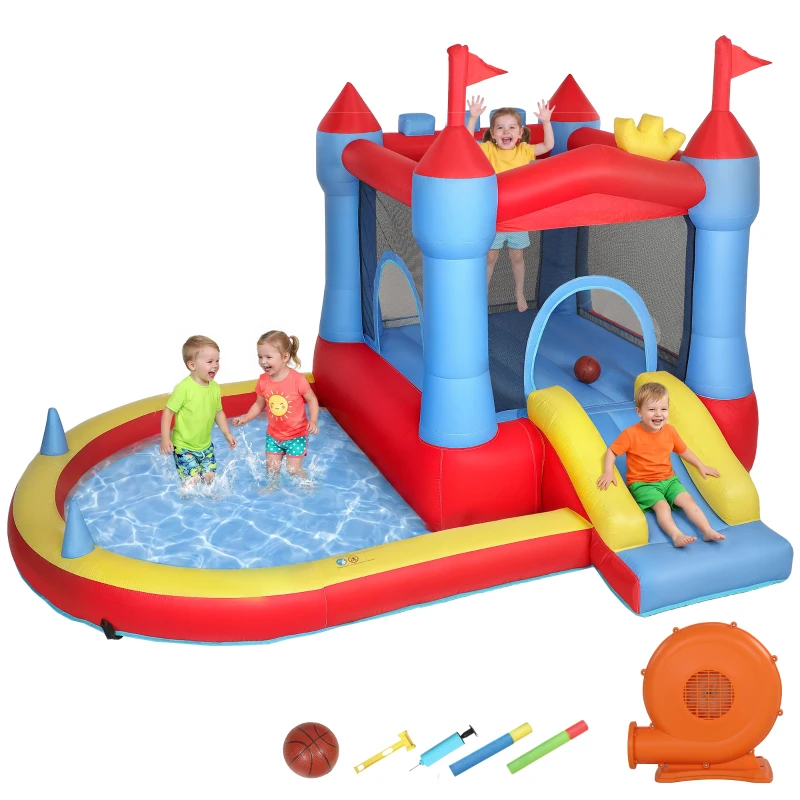 AIYAPLAY Aufblasbar Hüpfburg mit Gebläse Rutsche Trampolin Planschbecken/Bällebad Wasserpistole 342x255x209 cm Blau