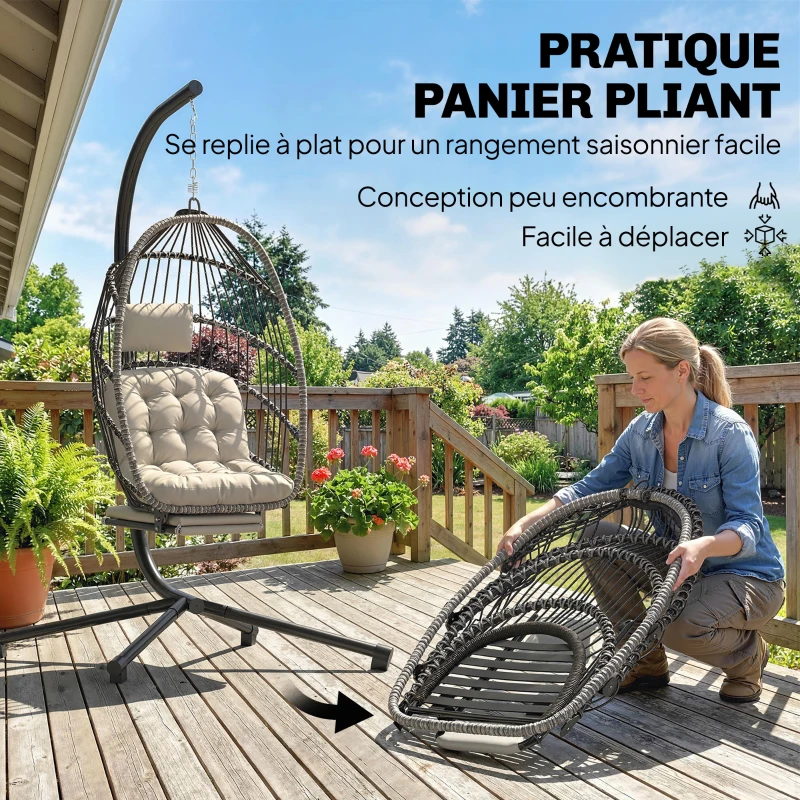 Outsunny Fauteuil suspendu avec support, chaise suspendue pliante avec repose-pieds rétractable, gris clair