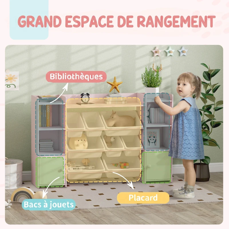 AIYAPLAY Meuble rangement enfant, étagère de rangement pour jouets enfants avec 8 bacs amovibles, 140 x 30 x 90 cm, rose