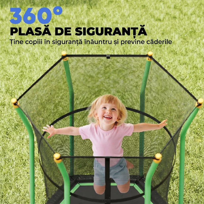 HOMCOM Trambulină Elastică pentru Copii 3-10 Ani cu Intrare cu Fermoar și Stâlpi Căptușiți, 122 x 111 x 190 cm, Verde