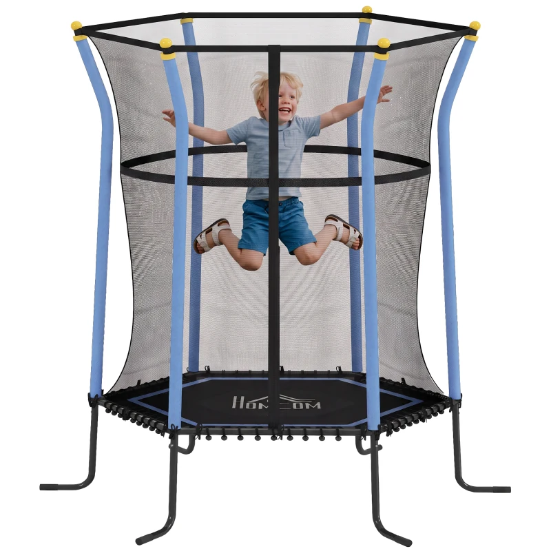HOMCOM Kindertrampoline, met Veiligheidsnet, Gevoerd, Staal, Belastbaar tot 50 kg, 122L x 111B x 190H cm, Blauw & Zwart