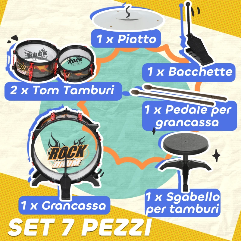AIYAPLAY Set Batteria Giocattolo per Bambini con Sgabello, Gioco Musicale per Bambini 3-6 Anni, Nero