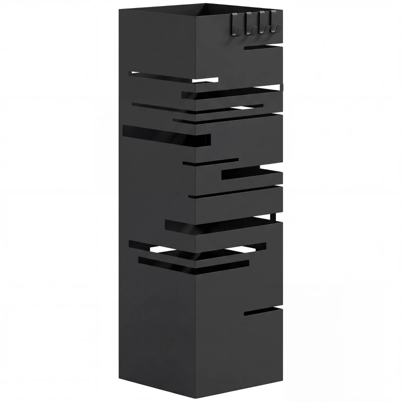 HOMCOM Metalen paraplubak met uitneembare opvangschaal en 4 haken, 15,5 x 15,5 x 49 cm, zwart