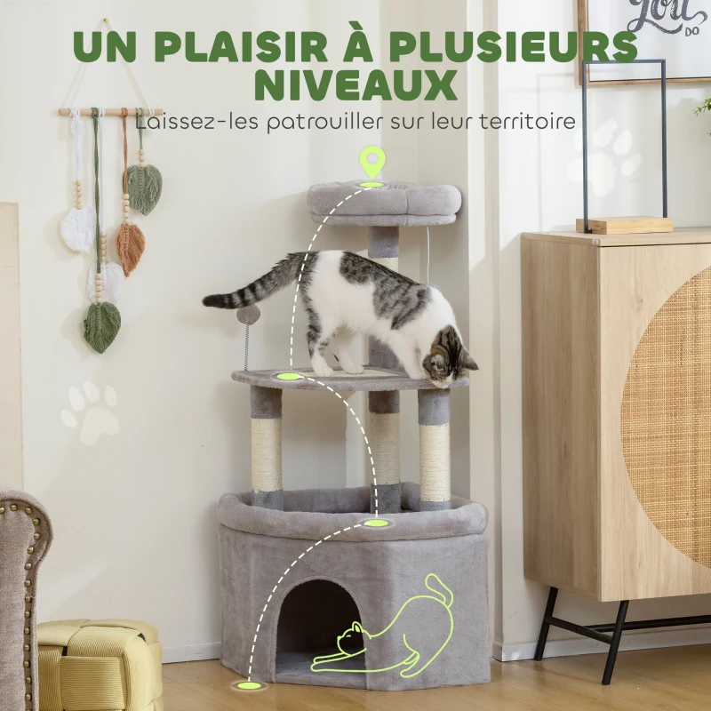 PawHut Arbre à chat tour de jeux pour chats griffoirs sisal, plate-forme, niche, tissu peluche, balles, 49x49x114cm gris clair