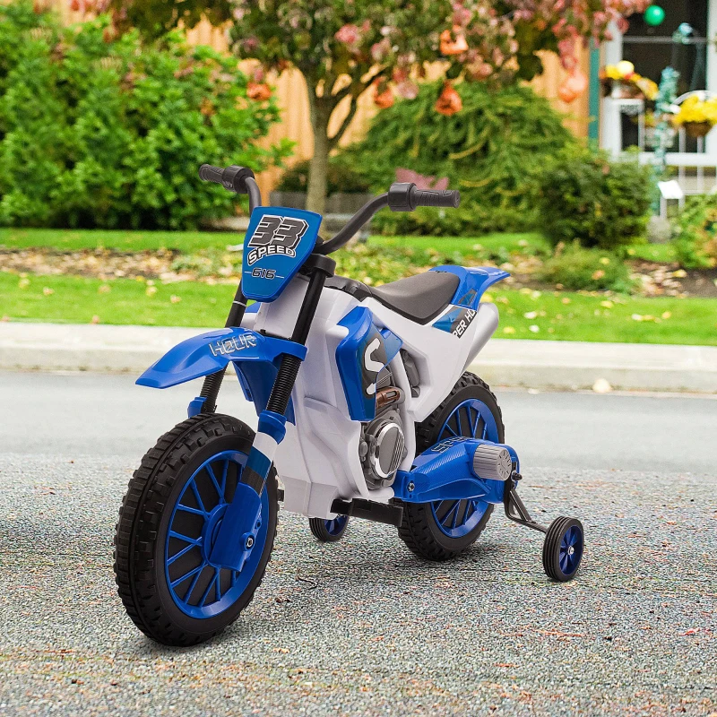 HOMCOM Moto Cross électrique Enfant 3 à 5 Ans 12 V 3-8 Km/h avec roulettes latérales Amovibles dim. 106,5L x 51,5l x 68H cm Bleu(m-10)