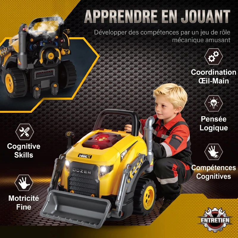AIYAPLAY Jouet Moteur de Camion et Pelle pour Enfants, Camion Mécano, Volant, Effet de Brume, Sonores et Lumineux, 3-6 Ans, Jaune