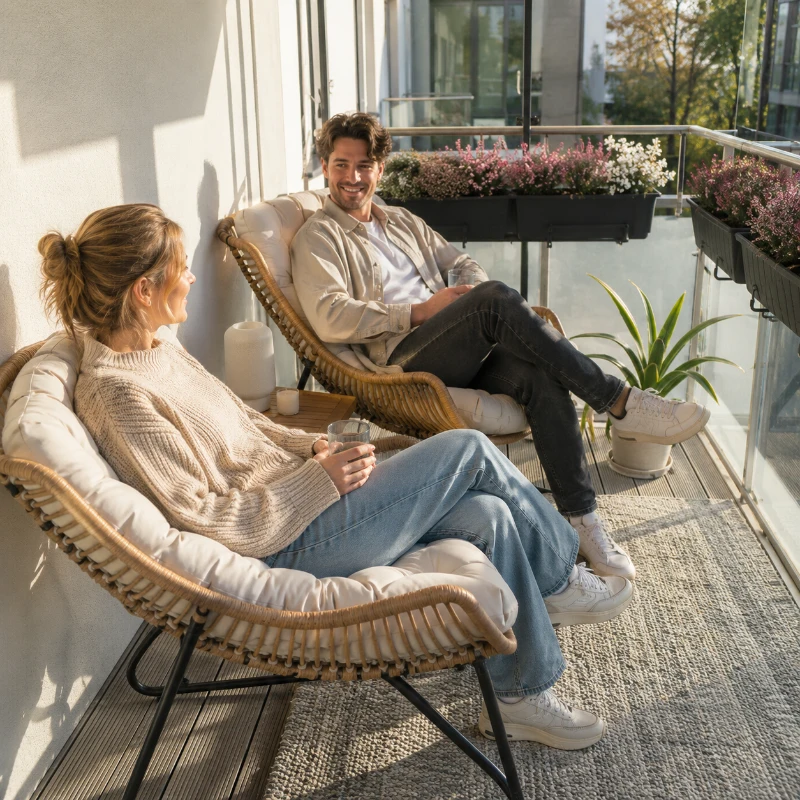 Outsunny Tuin Lounge, Rotan look, Buitensstoel, met Kussen, Metalen frame, 75x101x90 cm, Natuur/Khaki/Zwart