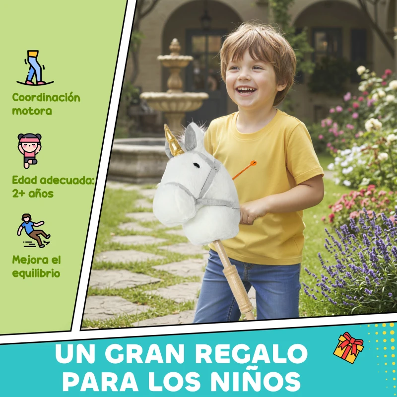 AIYAPLAY Cabeza de Caballo con Palo de Madera Diseño Unicornio Sonidos y Ruedas Caballo de Juguete 95 cm de Altura Blanco