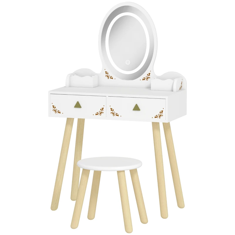 AIYAPLAY Kids Vanity Table and Chair Set with 3-Colour LED Lights Mirror, Drawer, Storage Boxes, for 3+ Years, White