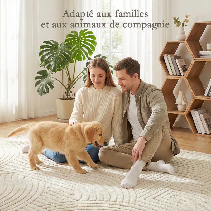 HOMCOM Tapis salon 200 x 140 cm, tapis à poils épais géométrique, moelleux et antidérapant, crème