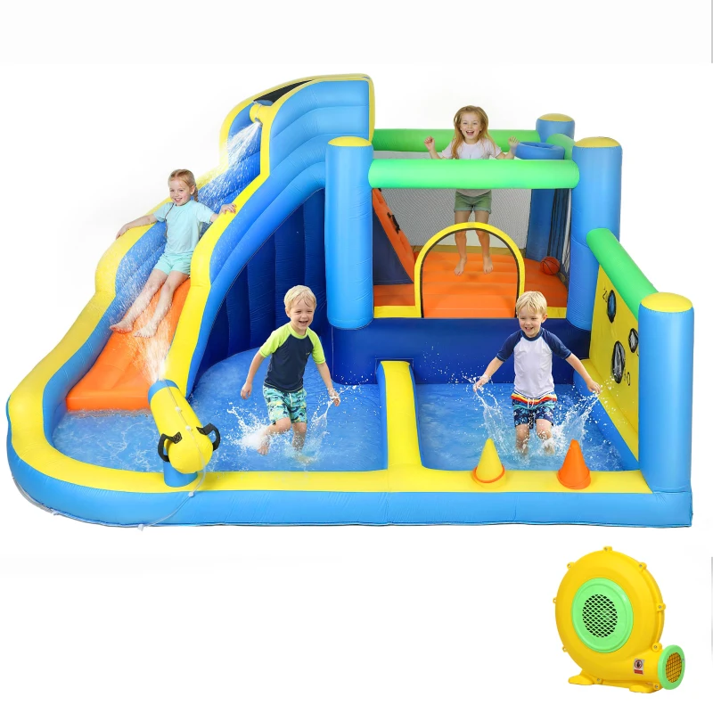 AIYAPLAY Castillo Hinchable Acuático 8 en 1 con Soplador 550W Tobogán Trampolín Escalada Piscinas Canasta Lanzamiento de Aros