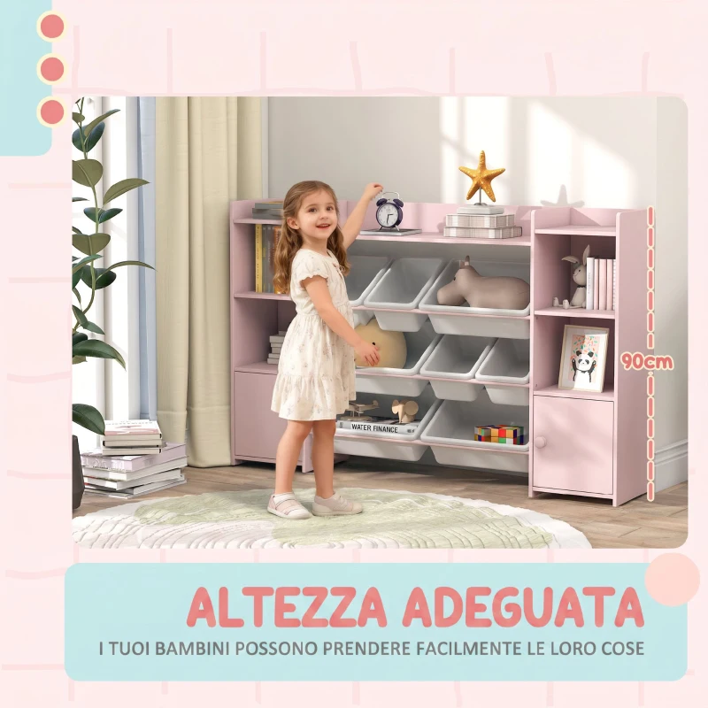 AIYAPLAY Scaffale Portagiochi per Bambini con 8 Contenitori Rimovibili e Armadietti, 140x30x90 cm, Rosa