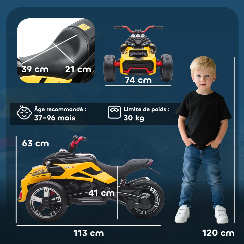 AIYAPLAY Quad électrique enfants voiture électrique enfants 12V 3 roues 2 moteurs lecteur MP3, klaxon, 2 vitesses 3-5 km/h jaune