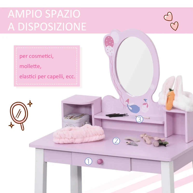 HOMCOM Toeletta per Bambine 3+ Anni in Legno, Set Tavolo da Trucco Giocattolo con Specchio e Sgabello, Rosa