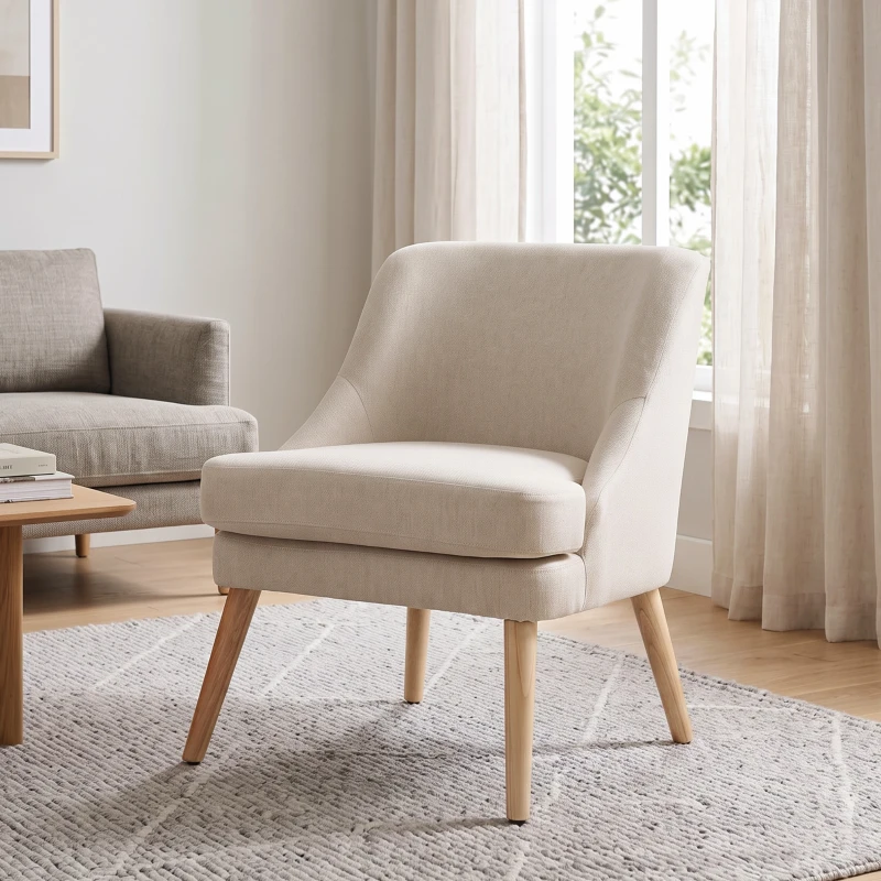 HOMCOM Fauteuil Scandinave Confortable pour Salon et Chambre, Pieds en Bois Massif, Revêtement en Tissu Lin, Beige