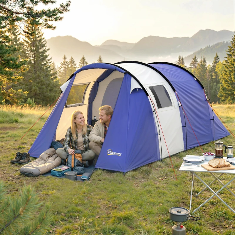 Outsunny Tenda a Tunnel per 4 Persone con Camera e Zona Giorno, Impermeabile 3000 mm, Tenda da Campeggio, Blu Scuro