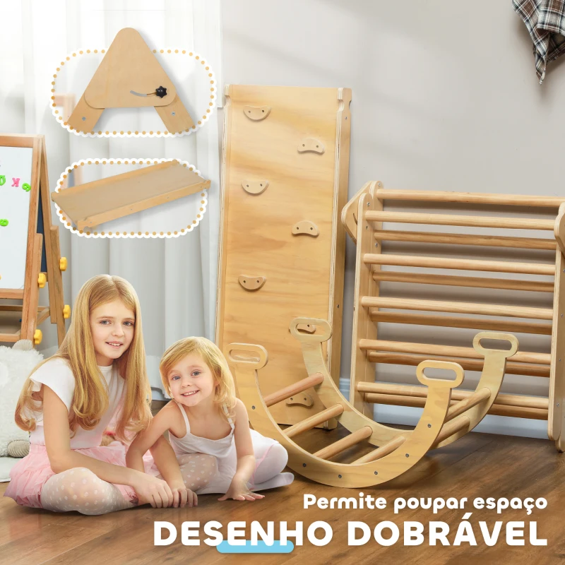 AIYAPLAY Triângulo de Escalada de Madeira 5 em 1 Escada para Crianças de 18-48 Meses com Rampa e Arco de Escalada 178x64,5x63 cm Madeira