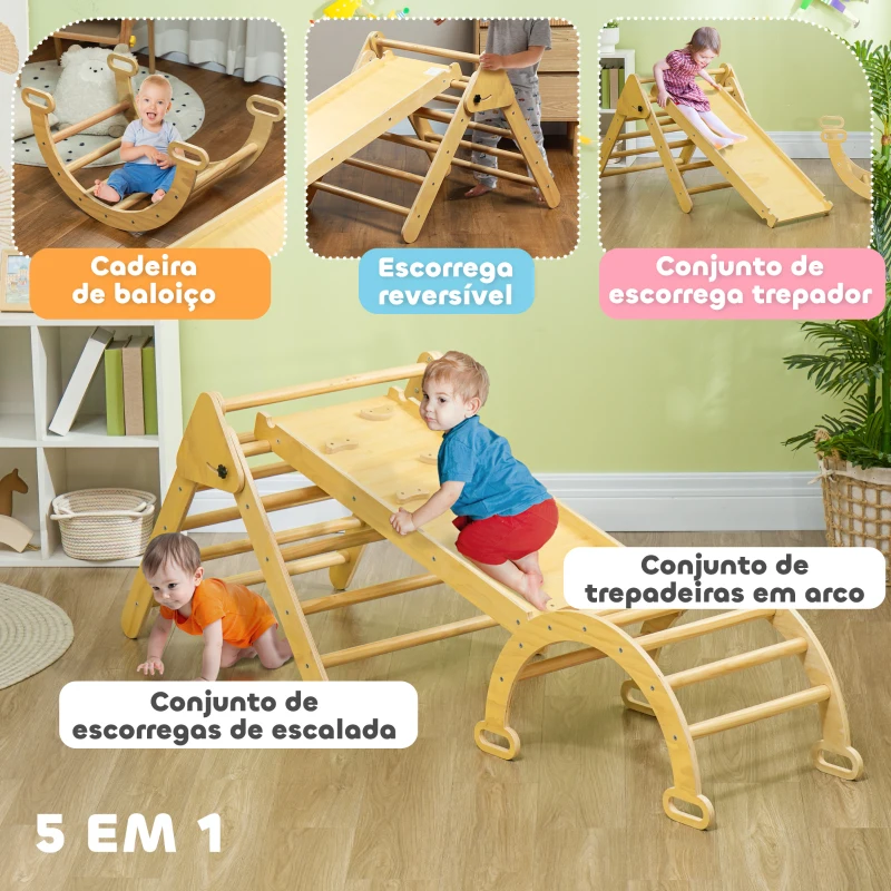 AIYAPLAY Triângulo de Escalada de Madeira 5 em 1 Escada para Crianças de 18-48 Meses com Rampa e Arco de Escalada 178x64,5x63 cm Madeira