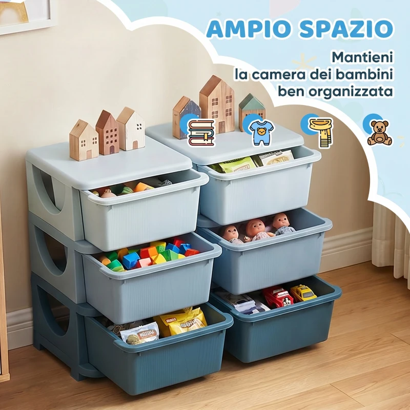 HOMCOM Cassettiera 6 Cassetti per Bambini 3-6 Anni con Bordi Arrotondati, in PP Blu, 75x37x56.5 cm
