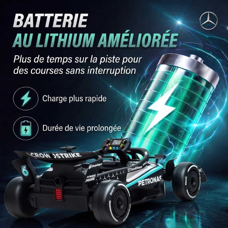 AIYAPLAY Kart Électrique Enfants 12V, Go Kart Mercedes-AMG PETRONAS F1 avec 2 Moteurs, Télécommande, 3 Vitesses, Noir