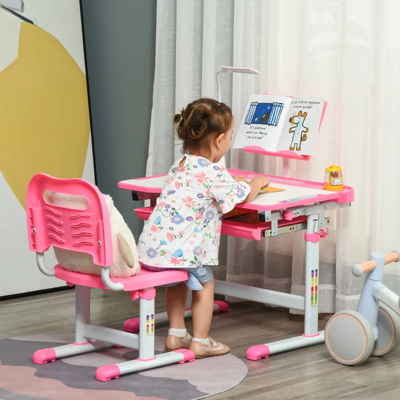 HOMCOM Banco Scuola Regolabile con Sedia per Bambini 6-12 Anni, 70x49.5x80-105 cm, Rosa