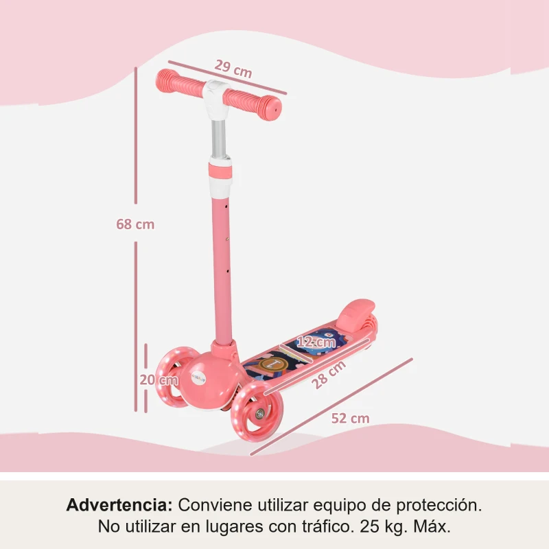 AIYAPLAY Patinete Infantil Patinete con 3 Ruedas Luces LED Altura Ajustable Carga 25 kg 52x29x63-76 cm Rosa
