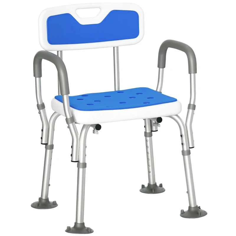 HOMCOM EVA Padded Shower Chair for the Elderly and Disabled, Height Adjustable Shower Stool with Back and Arms, 4 Suction Foot Pads, Blue(m-12)