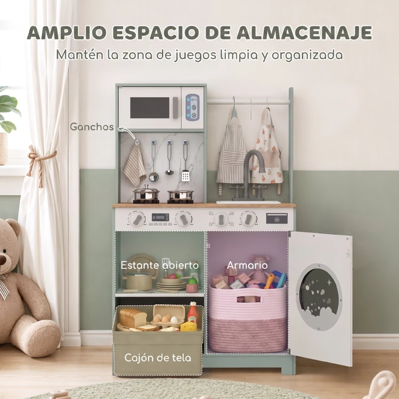 AIYAPLAY Cocina de Juguete de Madera con Lavandería Máquina de Hielo Cajón de Tela Perchas Accesorios de Acero Inoxidable Verde