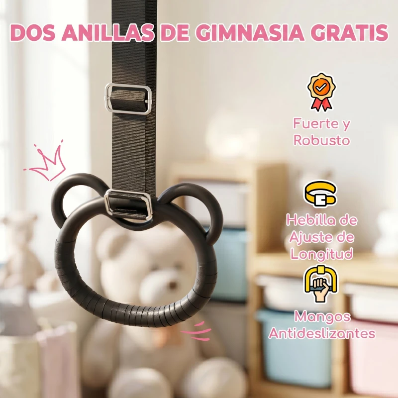 HOMCOM Barra de Gimnasia para Niños con Altura Ajustable en 5 Niveles y Anillos Entrenamiento de Gimnasia Plegable en Casa Rosa