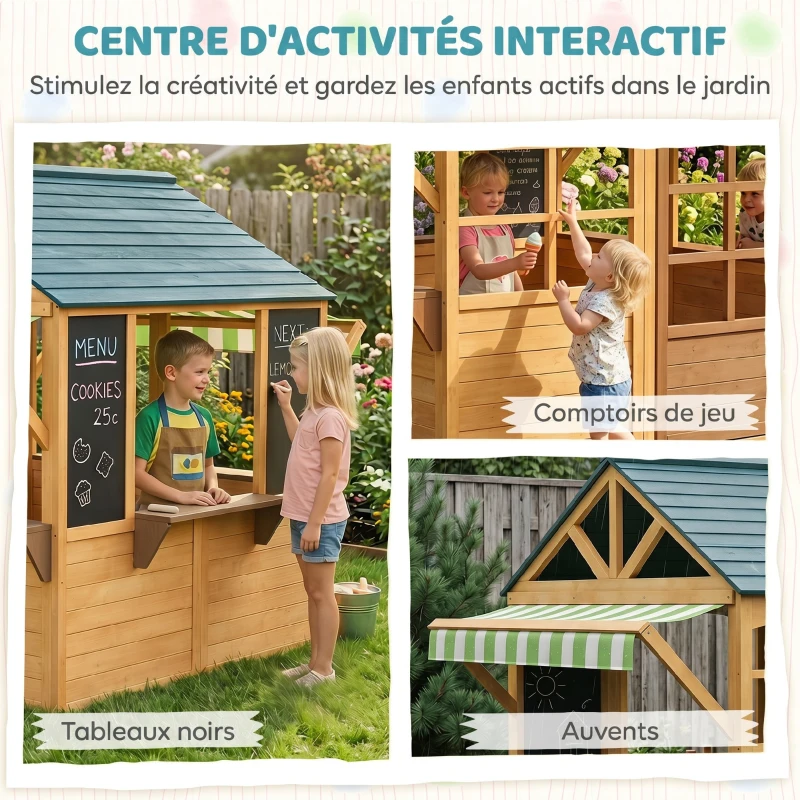 AIYAPLAY Cabane enfant extérieur pliable avec porte, fenêtres, stations de service, auvents de pluie, tableaux noirs, jaune