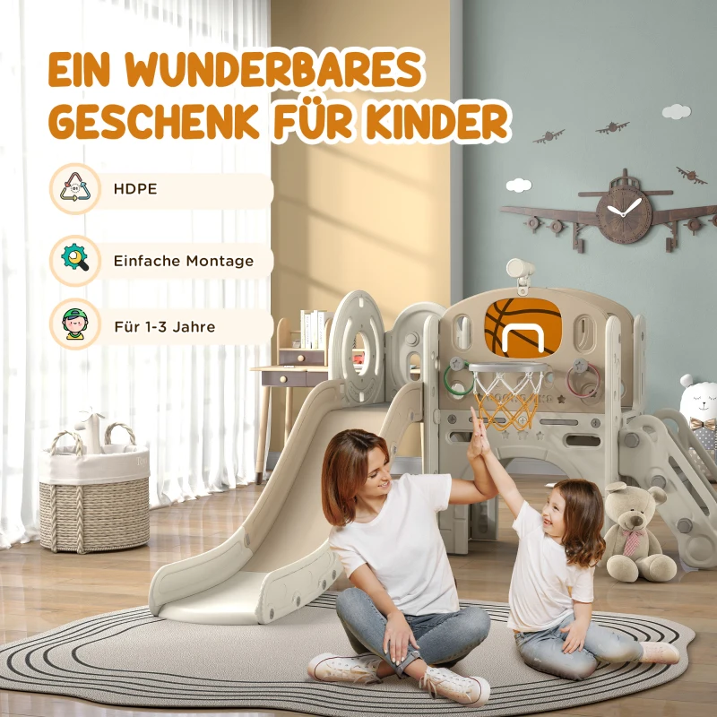 AIYAPLAY Kinderspeeltoestel, 7-in-1 glijbaan, indoor speelparadijs met opbergruimte en kruiptunnel, 186x153x111 cm, crèmewit(m-7)