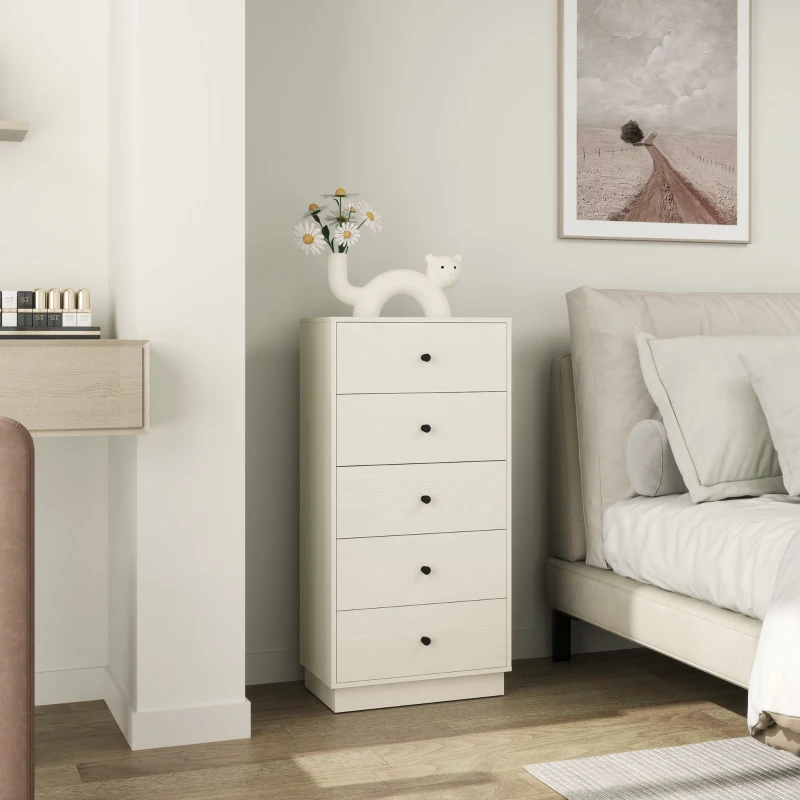 HOMCOM Commode 5 tiroirs, meuble de rangement haut et étroit, style moderne pour chambre à coucher, salon - 47x29x95cm, crème