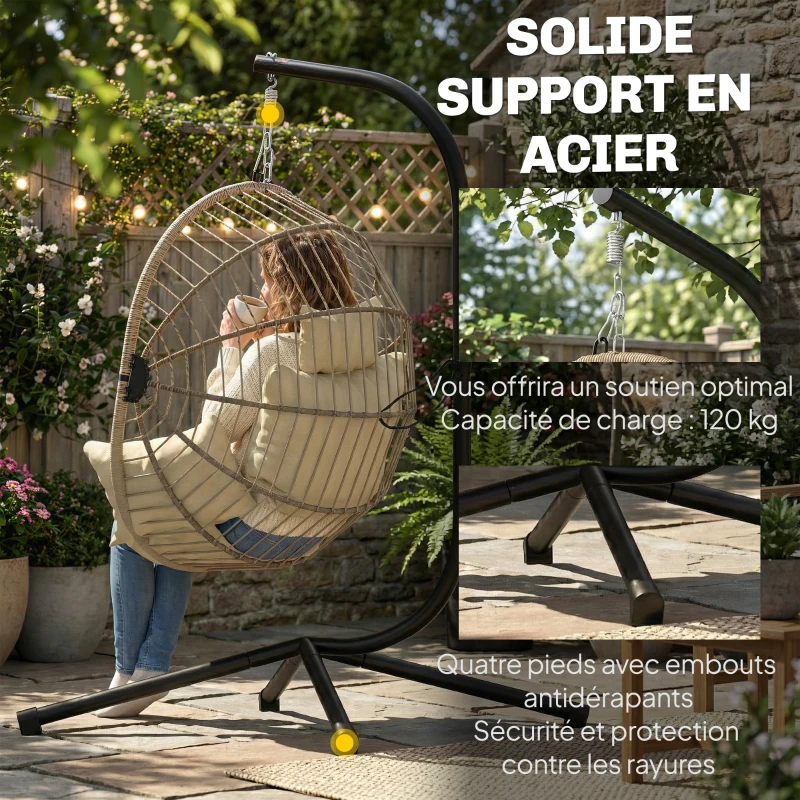 Outsunny Fauteuil Œuf Suspendu, Chaise Hamac Balançoire Intérieur et Extérieur, Panier Pliable, Coussin Rembourré, Kaki