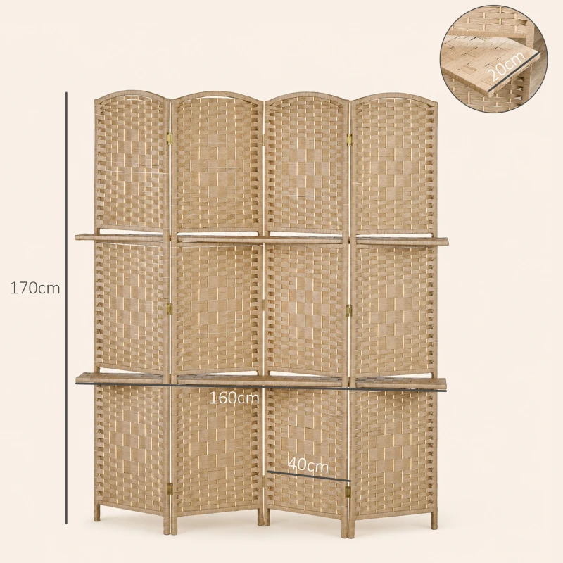 HOMCOM 4-teiliger Paravent, 160 x 170 cm, faltbare Trennwand mit 2 Regalen, Naturholz
