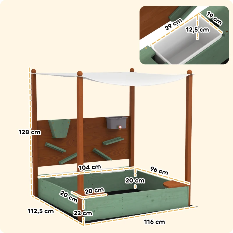 AIYAPLAY Caixa de Areia para Crianças de Madeira com Teto 2 Assentos 2 Caixas Torneira Funil 116x112,5x128 cm Verde