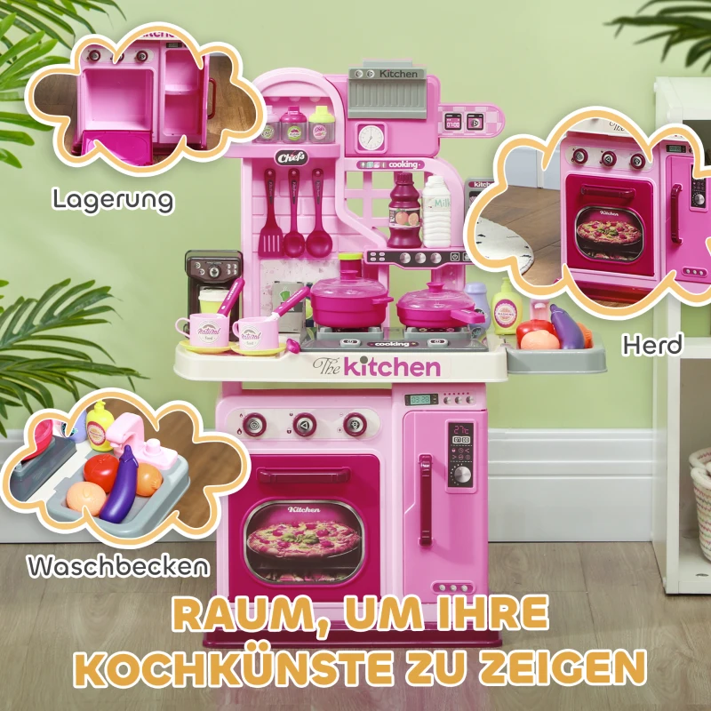 AIYAPLAY Speelkeuken, 33-delig Set, Licht- & Geluidseffecten, voor Kinderen 3-6 Jaar, Roze(m-6)