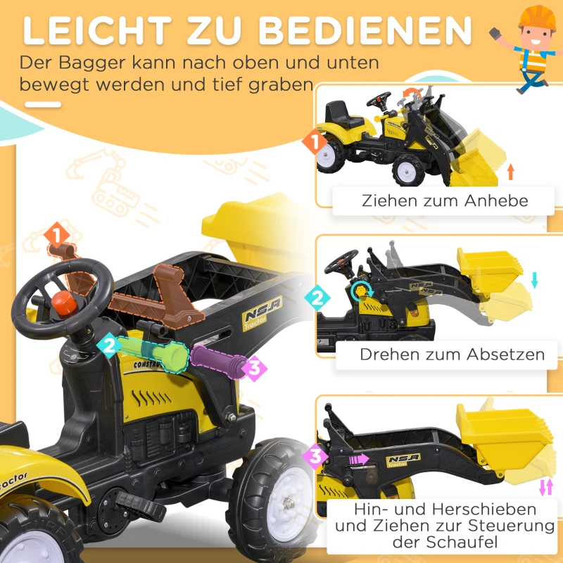 HOMCOM wiellader voor kinderen, beweegbare schop, claxon, pedaalaandrijving, vanaf 3 jaar, metalen frame, geel, 114 x 41 x 52 cm(m-4)