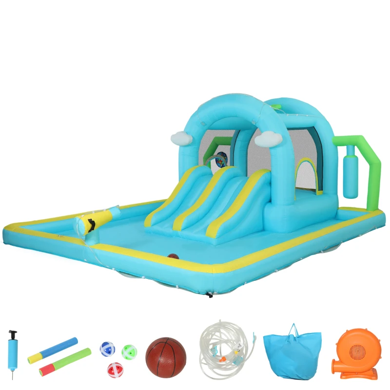 AIYAPLAY Castillo Hinchable Acuático 7 en 1 con Soplador 2 Toboganes Trampolín Piscina Canasta Columna de Boxeo 426x360x198 cm